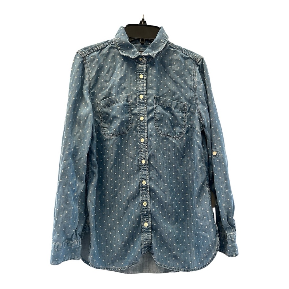 Talbots Light Blue Heart Pattern Long Sleeve Butt… - image 1